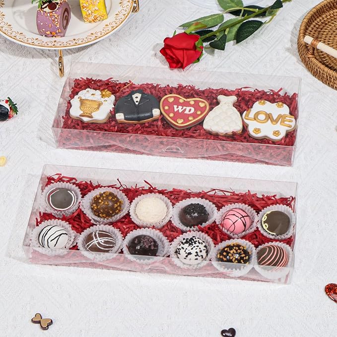 RomanticBaking 20Pcs 12x5x2Inches Clear Easter Cookies Boxes Chocolate Covered Strawberries Boxes for 12 Plastic Truffle Box Bakery Cakesickle Gift Box for Christmas Valentine's