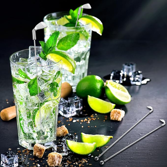 Hushee 10 Pcs Metal Golf Cocktail Stirrers Swizzle Stir Sticks 7.87 Inch Reusable Drink Stirrer Sticks Party Decorations Golf Party Clubhouse and Outing Decorations