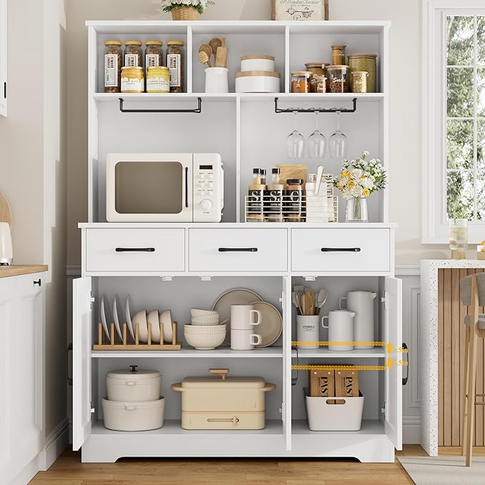 HOSTACK Buffet Cabinet with Hutch, Modern Farmhouse Kitchen Buffet Sideboard Storage with 3 Drawers, Barn Door Coffee Bar Station, Liquor Cabinet for Dining Room, Living Room, White