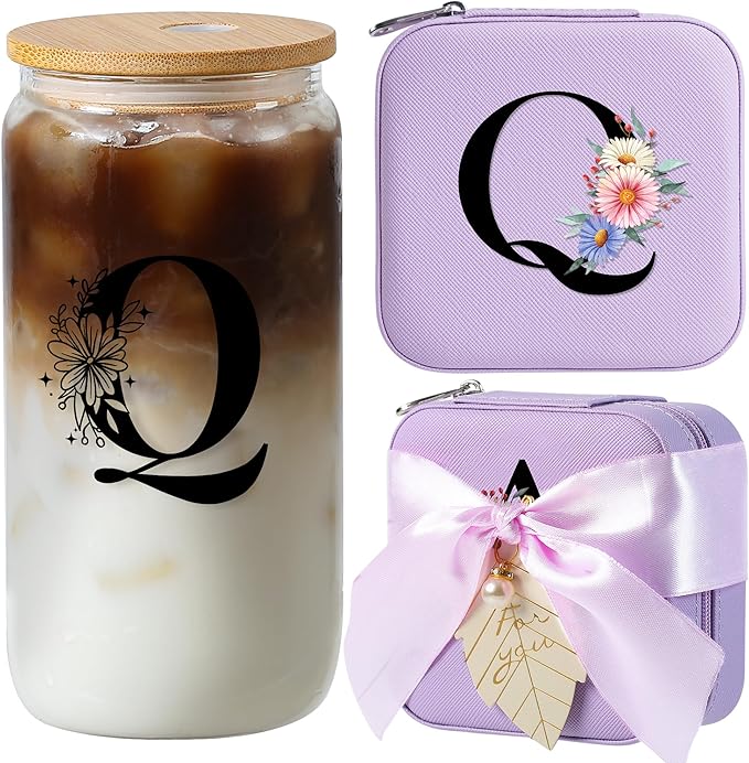 AYGXU Purple Glass Cup with Bamboo Lid and Straw - Teacher Appreciation Gift for Women - End of Year Gift - Aesthetic Travel Cup