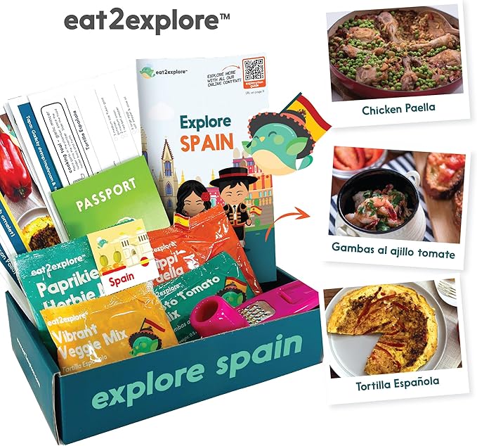 eat2explore Cooking Kits for Kids – Interactive & Educational Kids Cooking Sets Real for Ages 5 and Up,3 Recipe Cards & Global Ingredients – Fun Gift for Young Chefs (Spain Edition)