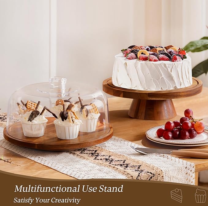 HBlife Cake Stand with Lid (11.4"), Rotating Cake Stand with Acrylic Dome, Acacia Wood Cake Plate Display with Cover for Baking Gifts, Birthday Kitchen Parties, Weddings