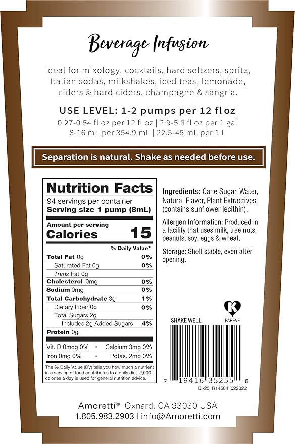 Amoretti - Irish Coffee Beverage Infusion, 94 Servings Per Bottle (750 ml) - Drink Mix & Water Enhancer with Pump for Flavoring Cocktails, Waters, Teas, and other Beverages, Preservative Free