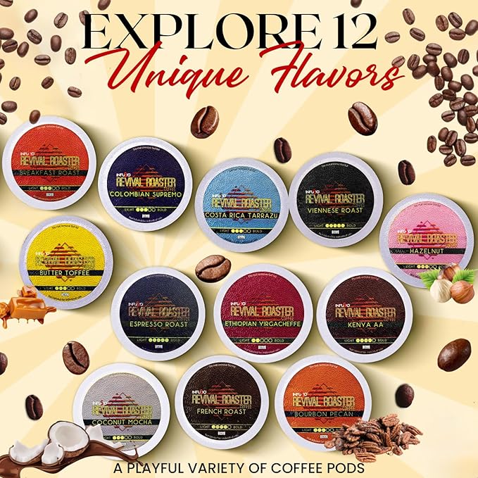 InfuSio Coffee Pods Variety Pack – 96 Count, 12 Crafted Medium & Dark Roast Blends and Artisan-Inspired Flavors Like Bourbon Pecan & Butter Toffee, Revival Roaster Collection, Compatible with Keurig 2.0 Brewers