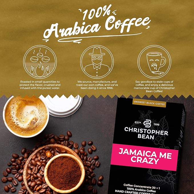 Christopher Bean Coffee - 396 servings, 30 to 1 Blend Bag in Box Liquid Instant Coffee or Cold Brew Coffee Concentrate - Hot or Iced Coffee - Jamaica Me Crazy