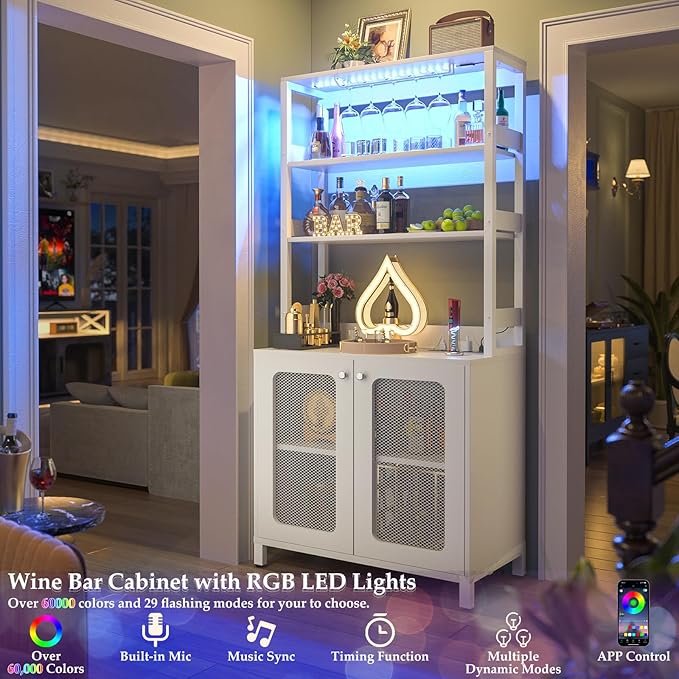 Aheaplus Bar Cabinet with Power Outlets, 67" Tall Wine Bar Cabinet Liquor Cabinet with LED Lights and Glass Holder, Coffee Bar Station for Living Room, Microwave Stand Bakers Rack Cabinet, White