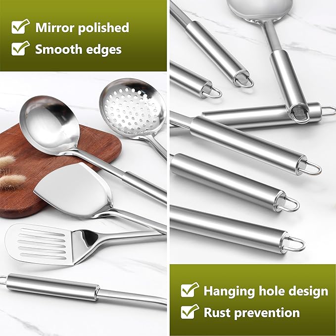 E-far Cooking Utensils Set, 10-Piece Stainless Steel Kitchen Utensils with Holder, Metal Heat Resistant Kitchen Cookware Tool Spatula Set for Cooking, Easy Clean & Dishwasher Safe