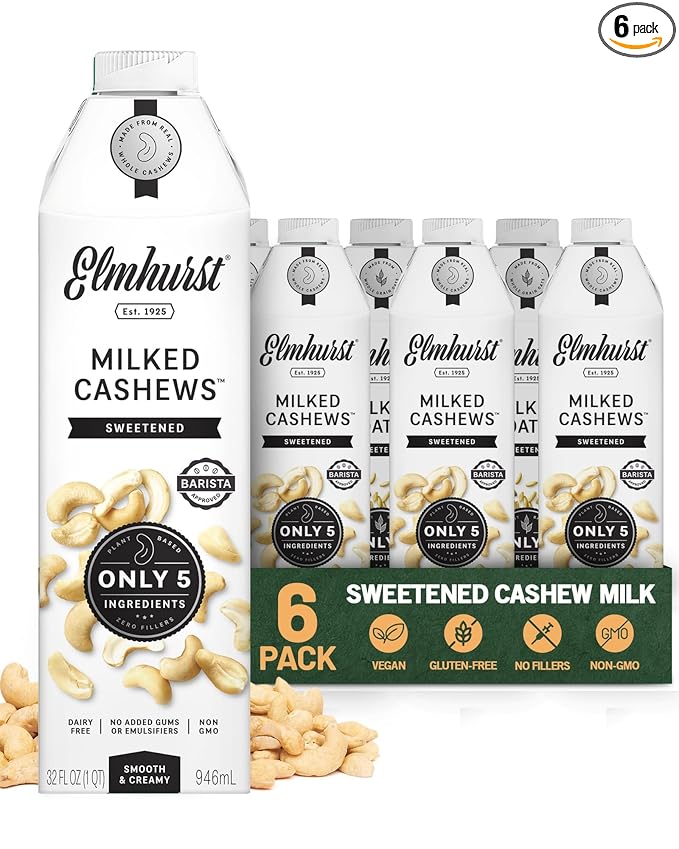 Elmhurst 1925 Sweetened Cashew Milk - 32 Ounce (Pack of 6) Dairy-Free, Vegan, Kosher, Gluten-Free, Shelf Stable Plant Based Milk Made with Water & Cashews for Healthier Coffee, Latte & Smoothies