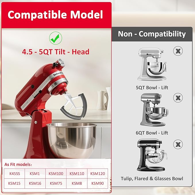 Flex Edge Beater for KitchenAid 4.5/5 Qt Tilt-Head Stand Mixer – Auto-Scrape Silicone Paddle, Dishwasher Safe, Flexible Silicone Edges Bowl Scraper For Kitchen Aid Accessories and Attachments (Grey)