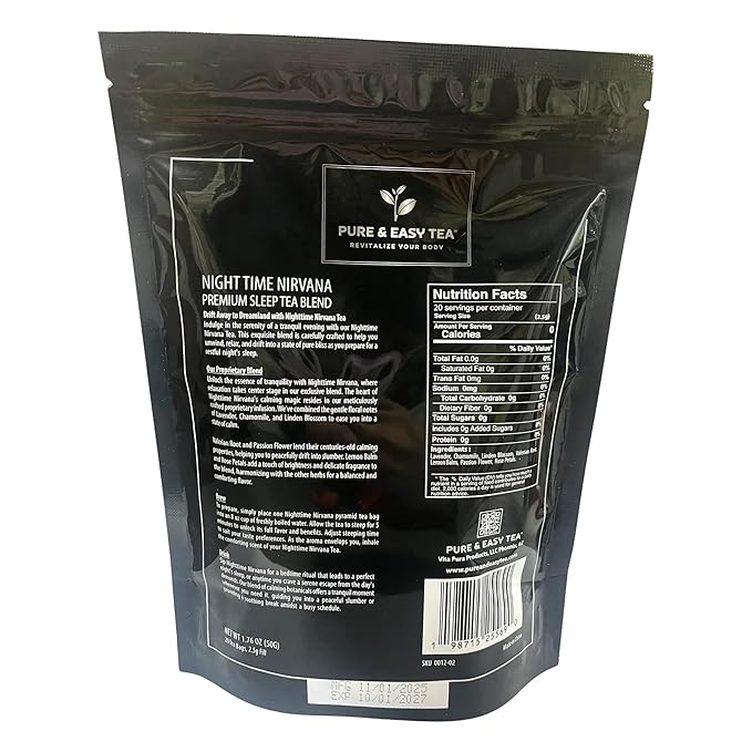 Pure And Easy Tea, Nighttime Nirvana, Natural Sleep & Relaxation Tea, Caffeine-Free Loose Leaf Blend with Chamomile, Lavender & Lemon Balm, Premium Wellness Tea, 20 BPA-Free Sachets