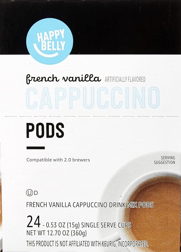 Amazon Brand - Happy Belly Cappuccino Coffee Pods Light Roast Compatible with 2.0 K-Cup Brewers, French Vanilla Flavored, 24 Count, 1.5 pound (Pack of 2)