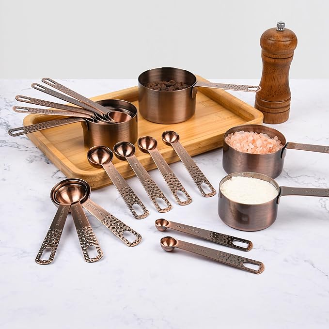 Copper Measuring Cups and Spoons Set 20 for Kitchen & Baking, Metric & US Stainless Steel Measure Cups and Spoons with Leveler for Dry & Liquid