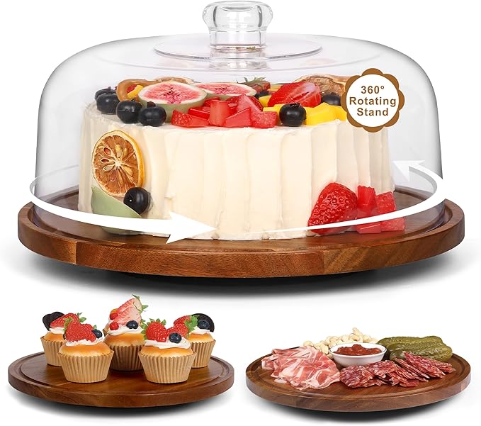 Bellsal Cake Stand with Dome Lid, 12in Acacia Wood Cake Plate with Cover, Wooden Cake Display Stand with Acrylic Dome, Cake Decorating for Baking Gifts, Birthday Kitchen Party, Weddings
