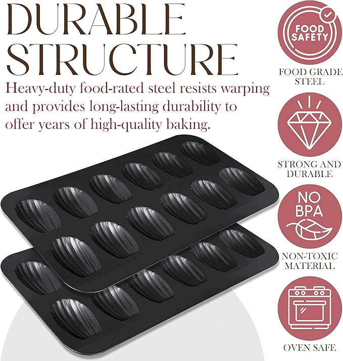Bellemain Madeleine Pan | 12-Well Madeleine Mold Makes 12 Madeleine Cookies | Nonstick Tea Cake Pan for Madeleines, Cakelet Pan | Warp-Resistant Carbon Steel Madeline Pans (2-Pack)