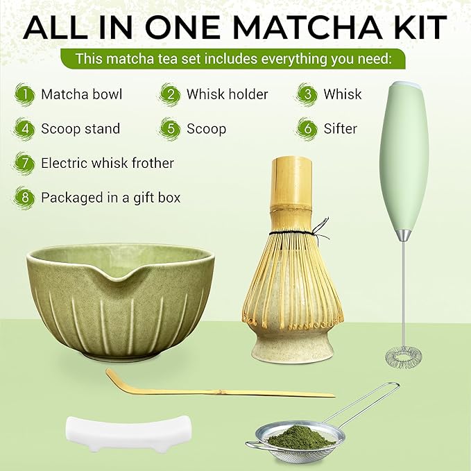 Matcha Whisk Set with Matcha Bowl - Matcha Set Included Electric Frother, Bamboo Whisk, Matcha Spoon, Bamboo Holder, Sifter, Spoon Stand (Mottled Green)