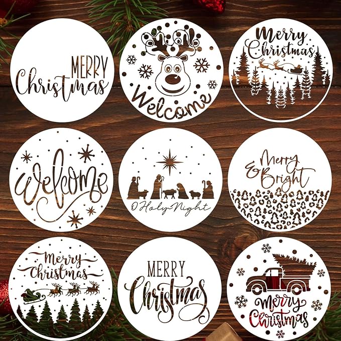 Christmas Stencils 12” Christmas Stencil for Wood Round Xmas Stencil for Painting Holiday Stencils Merry Christmas Holy Night Drawing Templates for Door Hanger Porch Wreath Home Decor