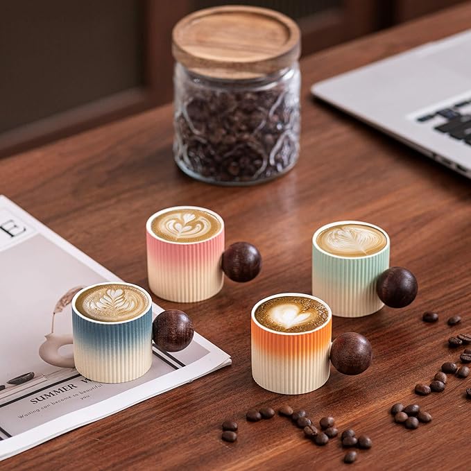 Ceramic Mini Espresso Cups Demitasse Cups with Round Wooden Handle Vertical Stripes Tea Cups (Beige&Blue, 2pcs)