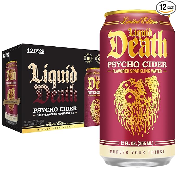 Liquid Death, Psycho Cider, Apple Cider-Flavored Sparkling Water, 12-Pack (12oz Cans), Low Sugar, Huge Flavor & No Artificial Sweeteners
