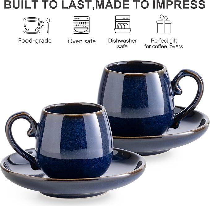 LYEOBOH 3 Ounce Espresso Cups Set of 6, Ceramic Small Coffee Cups with Saucers, Cute Demitasse Cups and Metal Stand with Spoons for Great Gift, Mini Cafe Cup for Espresso, Mocha, Tea - Cobalt Blue