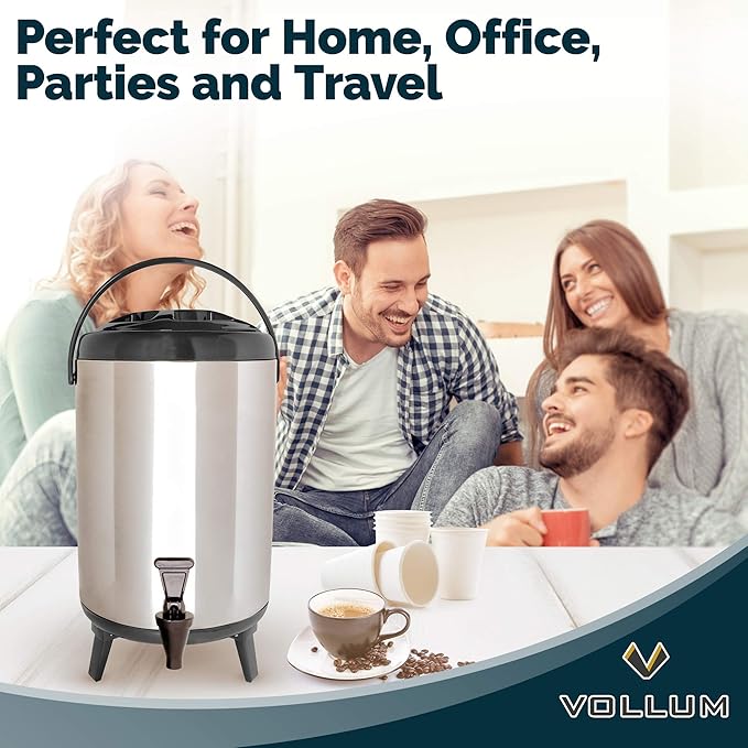Stainless Steel Insulated Beverage Dispenser – Insulated Thermal Hot and Cold Coffee Carafe – 8 Liter Drink Dispenser with Spigot for Hot Water, Tea & Coffee, Cold Milk, Juice & More BLACK