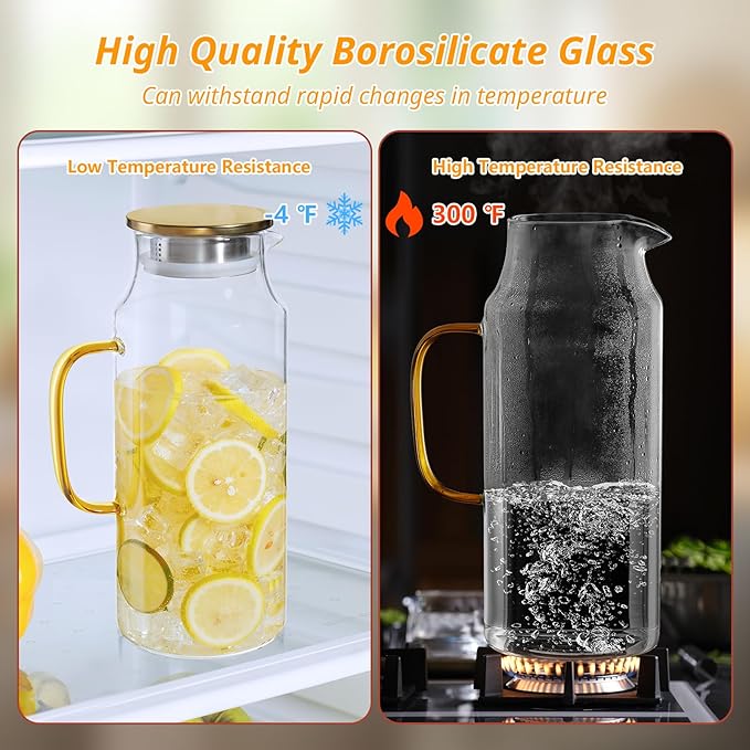 2 Pack 2 Liter 68 oz Glass Pitcher with Lid and Spout, Gold Glass Water Pitcher for Fridge, Glass Carafe for Hot/Cold Water, Large Jug for Iced Tea, Coffee, Juice and Homemade Beverage