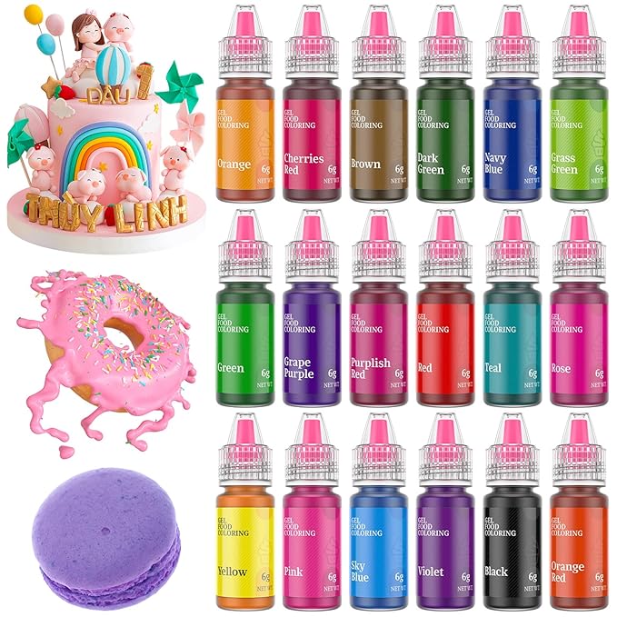 Gel Food Coloring,18 Baking Coloring Gel Set for Cake,Cookie Easter Egg Decorating,Cherrysea Edible Vibrant Food Dye for Baking Icing,Fondant,Macaron,Frosting,Gluten Free,Vegan Tasteless - 6g/Bottle