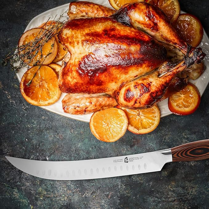 TUO Cimitar Butcher Knife - 10 inch Curved Breaking Knives for Slicing & Carving Pro Meat Chopping Cleaver - German HC Steel Full Tang Pakkawood handle - Fiery Series Gift Box Included