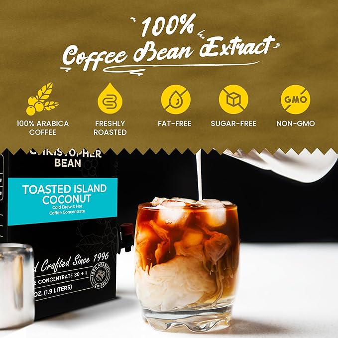 Christopher Bean Coffee - 396 servings, 30 to 1 Blend Bag in Box Liquid Instant Coffee or Cold Brew Coffee Concentrate - Hot or Iced Coffee - Toasted Island Coconut