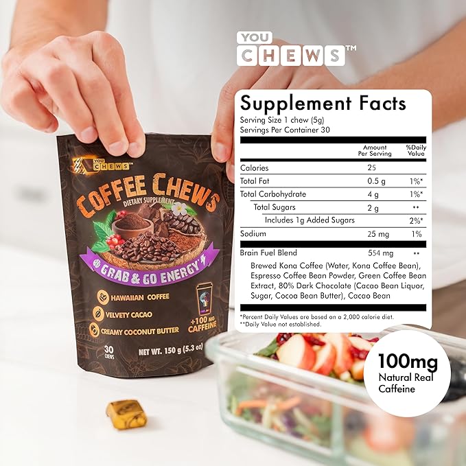 YouChews Coffee Chews - Grab & Go Energy with 100mg per Chew of Clean, Green Caffeine. With Real Organic Ingredients, Low Sugar, Great Bold Taste & Long Lasting Energy Boost (30 Chews Pack)