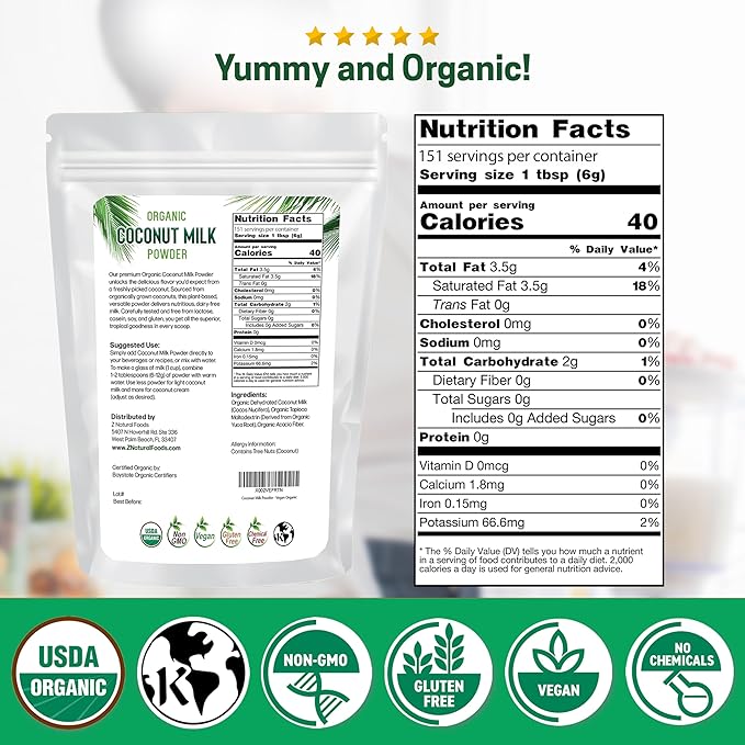 Z Natural Foods Organic Coconut Milk Powder - All-Natural Vegan Dairy-Free Alternative with MCTs - Unsweetened Coconut Creamer for Coffee & Smoothies - Gluten-Free, Non-GMO, 2 lbs