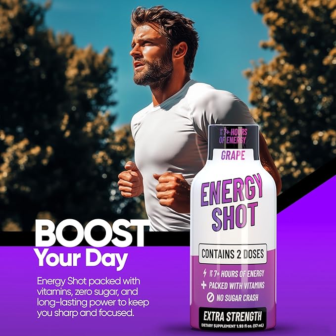 Grape Extra Strength Energy Shot 48 pk – 260mg Natural Caffeine B12 B6 – Energy & Focus Support – 2 Servings Sugar Free Zero Calorie Green Tea B-Vitamins Electrolytes Vegan – 1.93 fl oz