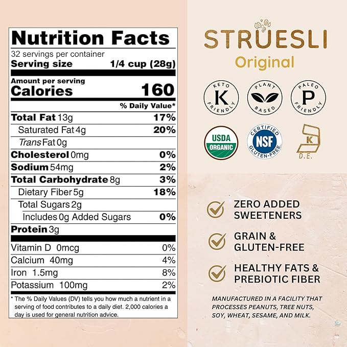 Struesli Original Organic Granola, Grain & Gluten Free, Healthy Snacks with Chia Seeds, Nuts & Sea Salt, Prebiotic High Fiber Food for Yogurt, Cereal & More, Plant Based, Keto & Paleo Friendly, 32 Oz