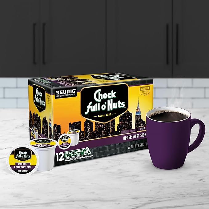 Chock Full o'Nuts Upper West Side Coffee, Dark Roast, Compatible with K-Cup Pods, 12 CT (Pack of 6)