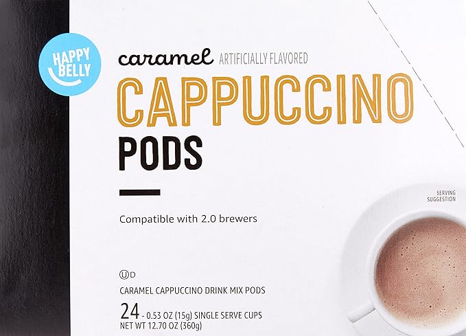 Amazon Brand - Happy Belly Cappuccino Coffee Pods Compatible with K-Cup Brewers, Caramel Flavored, 24 Count (Pack of 2)