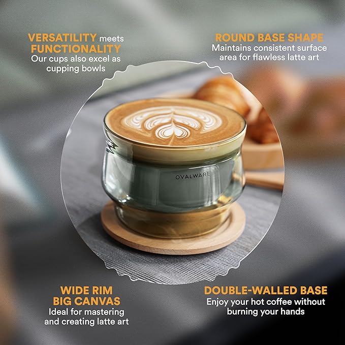 ovalware 8.5oz Double Wall Latte Cups, Latte Set of 2 - Latte Glasses for Cold & Hot Drink, Palm-Sized Cups with Wide Rim for Artistic Designs - Stealth Gray