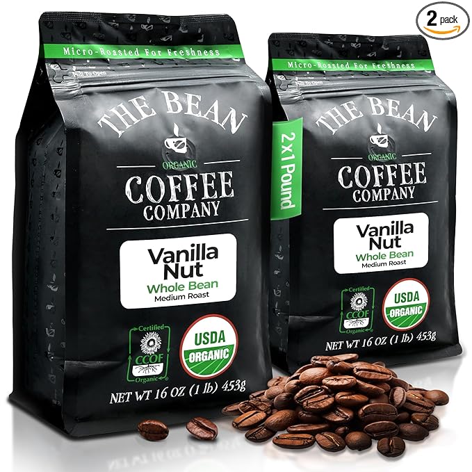 The Bean Organic Coffee Company Vanilla Nut, Medium Roast, Whole Bean Coffee, 16-Ounce Bags (Pack of 2)