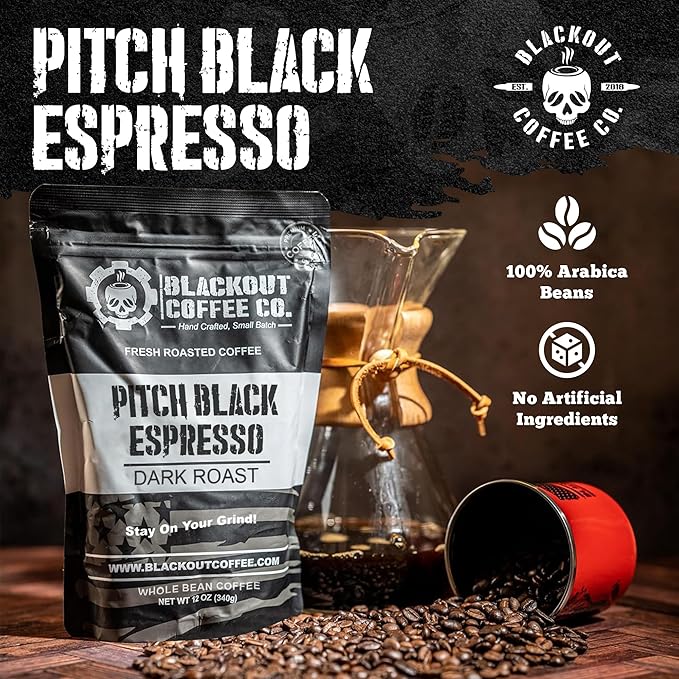 Blackout Coffee Pitch Black Espresso Whole Bean Coffee – Extra Dark Roast, European-Style, Powerfully Bold – Freshly Roasted 12oz Bag, American Made