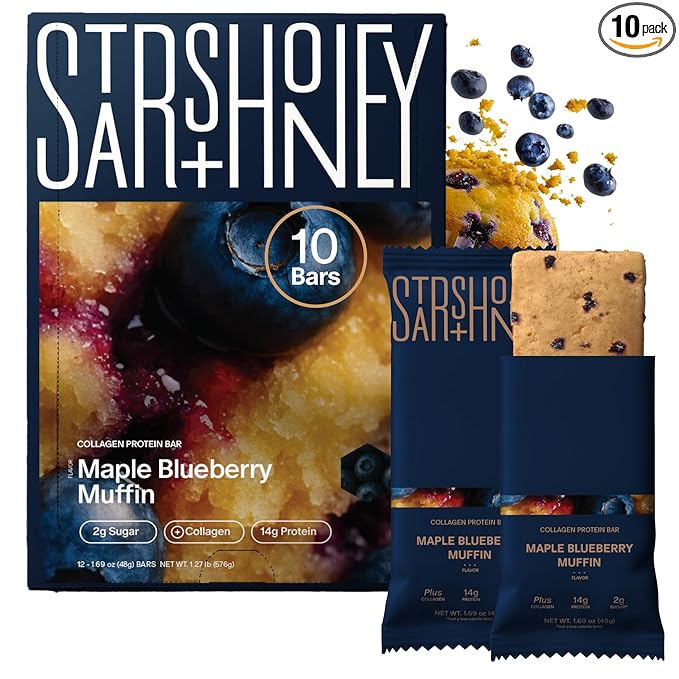 Stars + Honey Protein Bars- Maple Blueberry Muffin,14g Protein, 2g Sugar, w/Collagen Keto Friendly Snack - Gluten, Dairy, & Soy Free - High-Protein Snacks for Energy & Recovery-10 pack