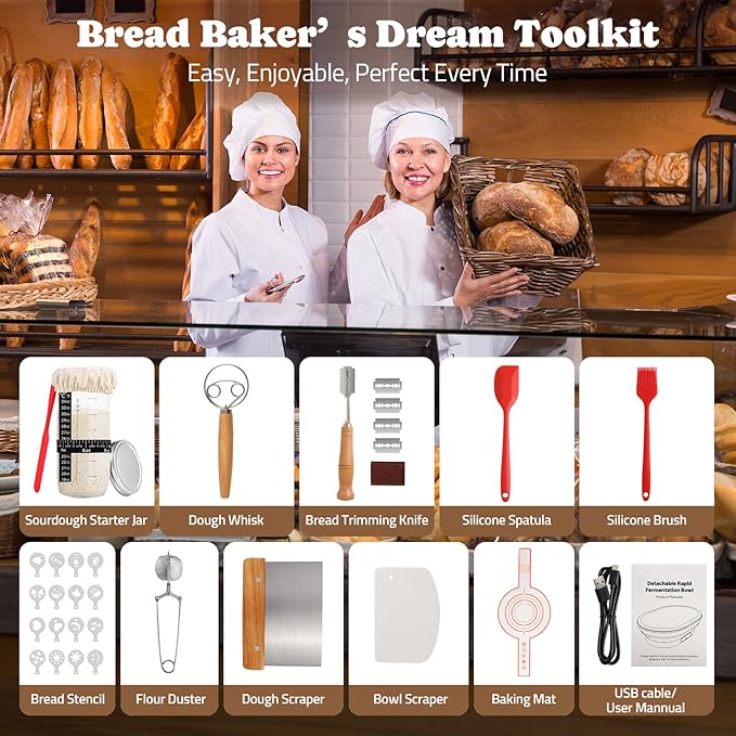 Heating Sourdough Starter Kit, 2L Electric Thermostatic Silicone Square Foldable Banneton Bread Proofing Basket with 6 Timer & Temp Settings for Dough Rising, Dishwasher Safe, Bread Making Kit