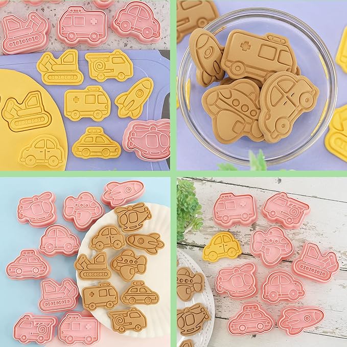 8Piece Vehicle Cookie Cutters Set,3D Transport-Themed Plastic Baking Molds for Cookies, Fondant, Cheese – Includes Plunger Stamp for Embossing (E)