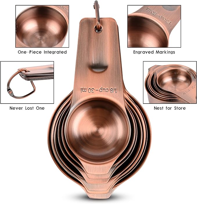 Copper Measuring Cups and Spoons - 17 Piece Set, 7 Cups and 9 Spoons with 1 Leveler for Kitchen
