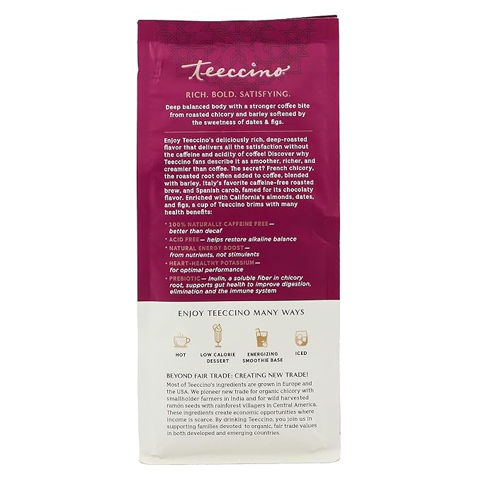 Teeccino Java Chicory Coffee Alternative - Ground Herbal Coffee That’s Prebiotic, Caffeine Free & Acid Free, Medium Roast, 11 Ounce (Pack of 3)