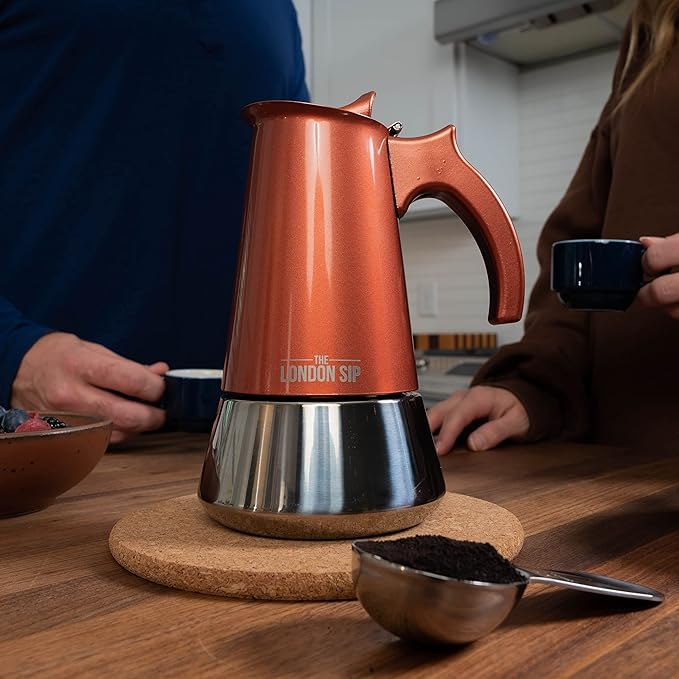 London Sip Stainless Steel Stovetop Espresso Maker Moka Pot Italian Coffee Percolator, Copper, Medium (10.14 oz)