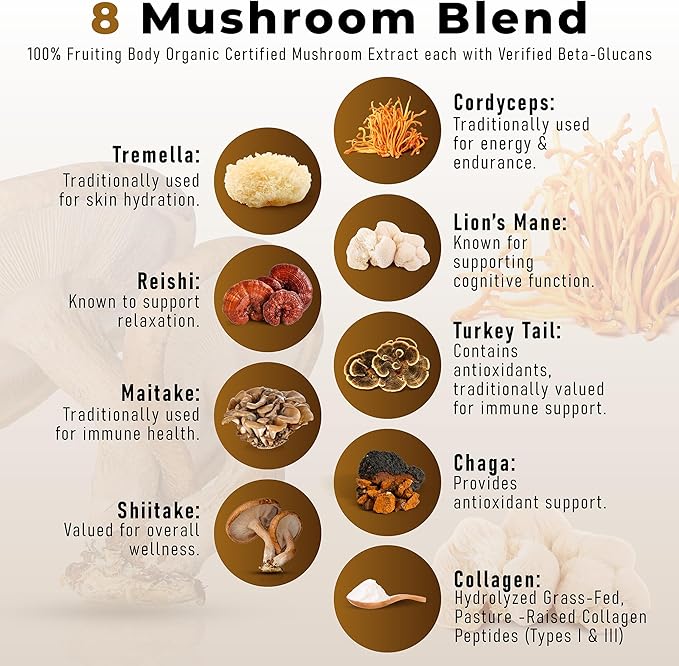 PowderVitamin Organic Mushroom Coffee Certified Mold & Mycotoxin-Free GrassFed Collagen Types I & III 8 Fruiting Body Mushrooms Tested for Beta-Glucans Focus Energy Digestion & Immunity 30 Servings