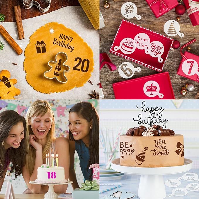 JULBEAR Birthday Cookie Stencils, 36 Pieces Reusable Coffee Decoration Stencils Templates Tools for Cookies Baking Painting Dessert Decoration DIY Birthday Party Decor