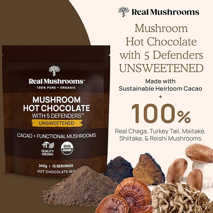 Real Mushrooms Unsweetened Hot Chocolate Mix with 5 Defenders – Reishi, Chaga, Turkey Tail, Maitake, Shiitake – Coco Powdered Unsweetened – Organic Cacao Powder Supplement, Vegan, 15 Servings