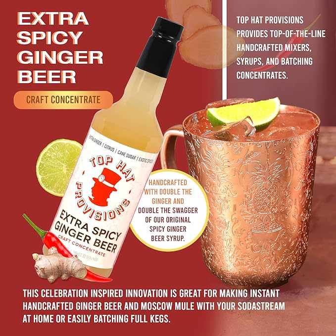 Top Hat Extra Spicy Ginger Beer Syrup - Spicy Ginger Syrup for Soda Makers - Makes 32 Craft Sodas, Mules, Cocktails, Mocktails - Compatible with SodaStream - Just add Soda Water - 32oz bottle