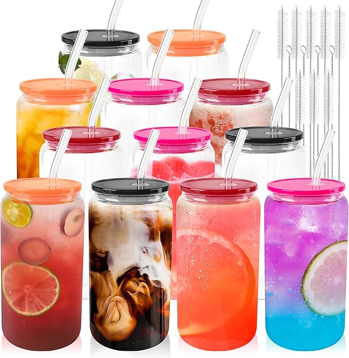 Joyclub 12pcs Glass Cups with Acrylic Lids and Straws 16 oz Can Shaped Glass Iced Coffee Cups with Lids and Straws, Cute Tumbler Cup Drinking Glasses for Smoothie Whiskey Boba Soda Tea Gift