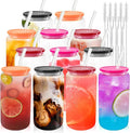 Joyclub 12pcs Glass Cups with Acrylic Lids and Straws 16 oz Can Shaped Glass Iced Coffee Cups with Lids and Straws, Cute Tumbler Cup Drinking Glasses for Smoothie Whiskey Boba Soda Tea Gift