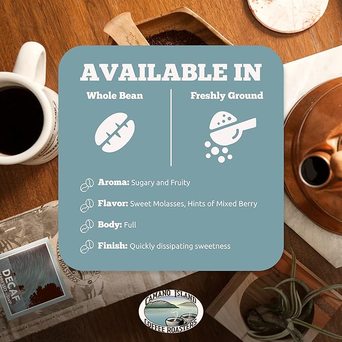 Camano Island Coffee Roasters Decaf Espresso Blend, Ground 2lb, Fresh Dark Roast Swiss Water Processed, USDA Organic, Fairly Traded, Shade Grown Top 1% Arabica, Sweet Molasses, Mixed Berry Flavor